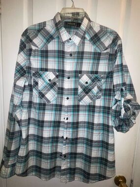 Helix Men’s Teal, White & Black Plaid Casual Button-Down Shirt